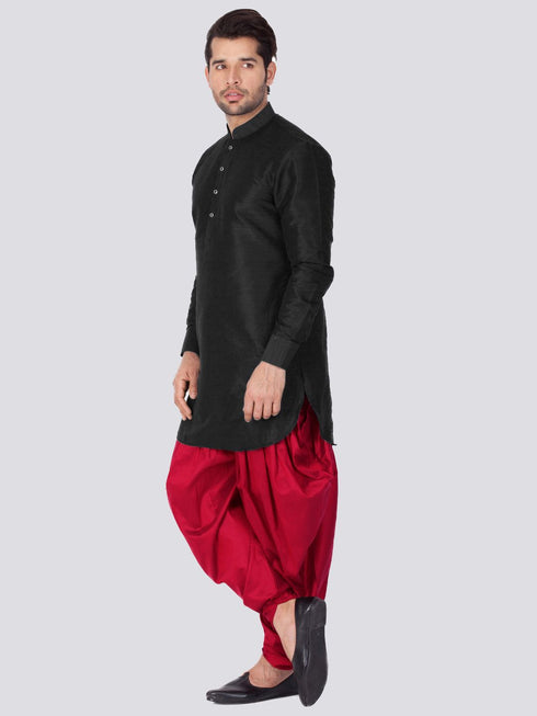 Vastramay Vastramay Men's Black Silk Blend Curved Kurta Dhoti Set